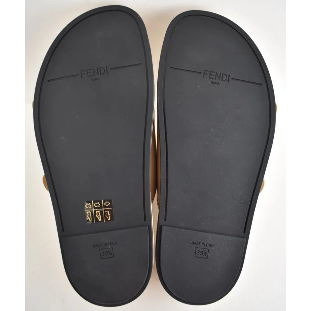 Fendi Feel Dual Strap Beige Leather Gold Logo Buckle Mule Flat Sandal Slide 39.5